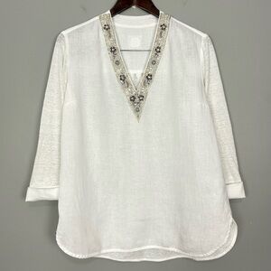 120% Lino Beaded Neckline Tunic Top Women’s Size S Linen Boho Relaxed Fit White